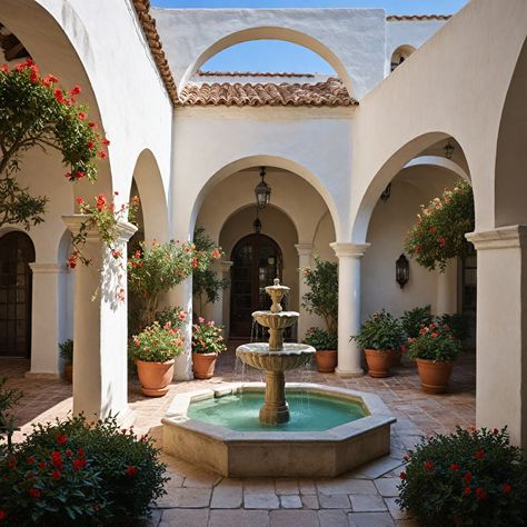 outdoor courtyard #hacienda #fountain #spanish #european Spanish Style Water Fountain, Vintage Fountain Garden, Mexican Hacienda Garden, Spaniard House, Hacienda Fountain, Multigenerational Compound, Houses With Courtyards In The Middle, Spanish Architecture Hacienda Style, Small Hacienda Style Homes