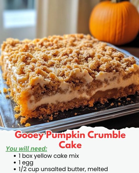 fall time lovers | Gooey Pumpkin Crumble Cake 🎃🍁 | Facebook Gooey Crumble Pumpkin Cake, Pumpkin Crumble Cake Recipe, Pumpkin Cheesecake Crumble, Pumpkin Crumble Cheesecake, Pumpkin Dump Cake Recipe Yellow Cake, Gooey Pumpkin Crumble Cake, Pumpkin Crumble Cake, Kool Aid Pie Recipe, Pumpkin Butter Cake