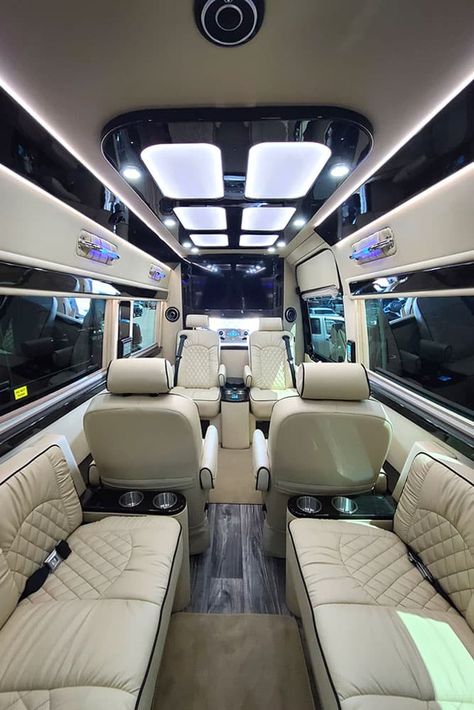 Custom Sprinter Van Interiors, Mercedes Sprinter Van Luxury, Mercedes Sprinter Luxury, Mercedes Van Interior, Dream Cars Inside, Mercedes Sprinter Van Conversion, Luxury Bus Interior, Sprinter Van Interior Ideas, Luxury Tour Bus