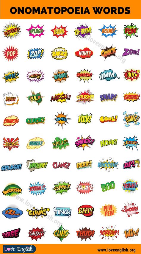 Onomatopoeia: Wonderful List of 120+ Words that Describe Sounds - Love English Pop Word Art, Pop Art Writing, Pop Art Onomatopoeia, Pop Art Art Projects, Onomatopoeia Comic, Onomatopoeia Art, 6th Grade Art, Pop Art Comic, Figurative Language