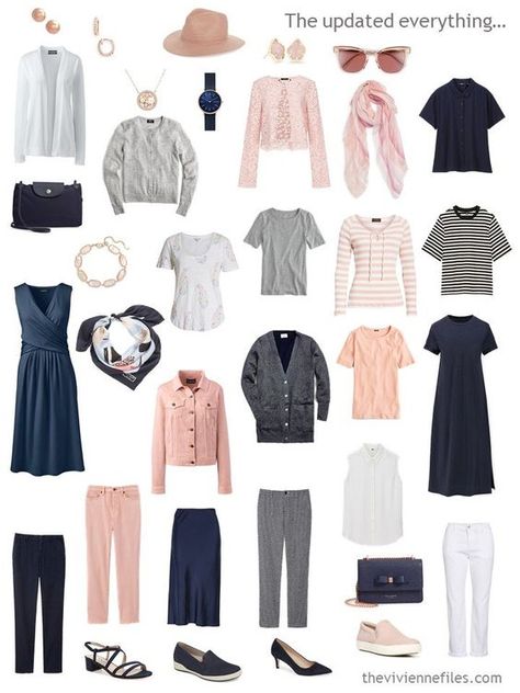 8. accessorized travel capsule wardrobe in navy, white, blush and grey Pink Capsule Wardrobe, Packing Accessories, Africa Trip, Vivienne Files, Packing Guide, Travel Clothing, Blush And Grey, Travel Capsule, Fashion Capsule Wardrobe