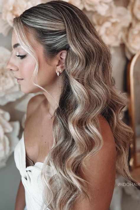 swept-back waves wedding hairstyle Biolage Hair Color, Practical Hairstyles, Bridesmaid Hair Inspo, Down Hairstyles For Long Hair, Bridal Hair Down, Formal Hairstyles For Long Hair, Simple Prom Hair, Bridesmaid Hair Makeup, Bridal Hair Inspiration