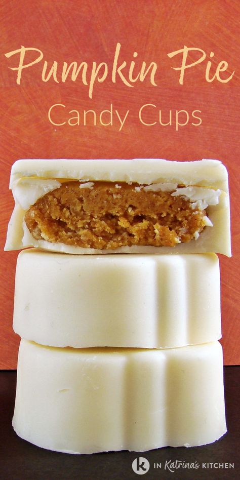 Pumpkin Pie Candy Cups Recipe- White chocolate shells filled with pumpkin pie candy filling. A must-make this Thanksgiving! Grab the printable recipe at In Katrina's Kitchen . These candies are perfect for holiday gift-giving as well. Pumpkin Candy Recipes, Baking Molds Recipes, Thanksgiving Candy Recipes, Filled Chocolate Candy Recipes, Candy Molds Recipes, Candy Filling, Diy Chocolate Candy, Silicone Molds Recipes, Chocolate Molding