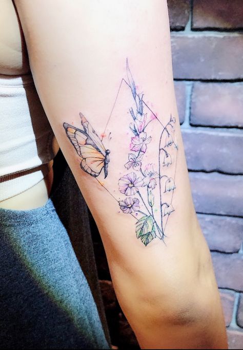 Gladioli Tattoo, Purple Flower Tattoos, Watercolor Butterfly Tattoo, Gladiolus Tattoo, Lavender Tattoo, Insect Tattoo, Spine Tattoos For Women, E Tattoo, Spine Tattoos