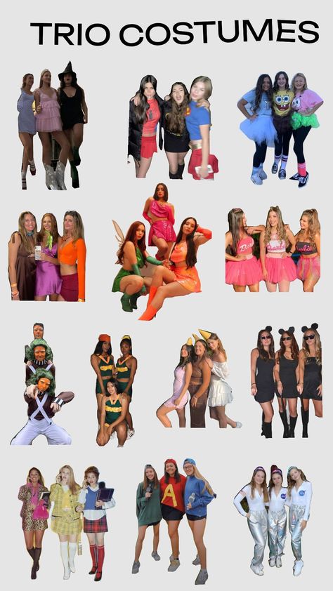 Hollowen Costumes Trio, Halloween Costume Trio Friends, Aesthetic Trio Halloween Costumes, Famous Trios Characters, Holloween Costume Ideas For Friends Of 3, Trio Group Costumes, Halloween Costume Ideas For 3 Friends, Trio Hollowed Costumes, Good Trio Halloween Costumes