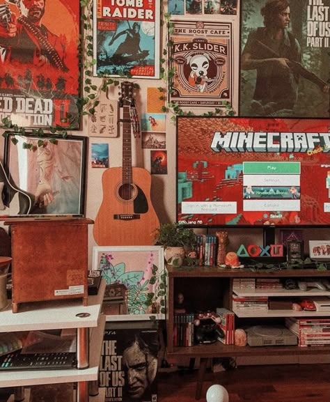 Cluttered Gamer Room, Eclectic Gaming Room, Maximalist Gaming Setup, Maximalist Desk Setup, Xbox Setup Bedroom, Gen Z Decor, Nerd Room Aesthetic, Cozy Gamer Aesthetic, Cozy Gaming Room