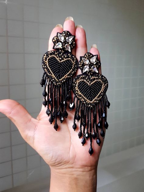 Statement Beaded Earrings, Black Bead Embroidery, Black Heart Earrings, Black Statement Earrings, Beaded Heart, Long Earring, Botanical Wallpaper, Handmade Heart, Handmade Fashion Jewelry