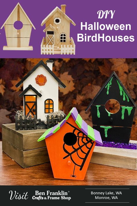 Craft your own spooky DIY Halloween Haunted Houses using our wooden birdhouses. Add a personalized touch to your Halloween decor as you paint, detail, and display these eerie decorations. Get inspired and create your bewitching village today! 🎃🏚️ #BenFranklinCrafts #DIYHalloween #HauntedHouseCraft #HalloweenDecorIdeas #CraftingFun #SpookyCrafts Halloween Birdhouse, Halloween Haunted House Diy, Halloween Craft Treats, Haunted House Craft, Haunted House Diy, Birdhouse Craft, Wood Birdhouses, Wooden Bird Houses, Halloween Village