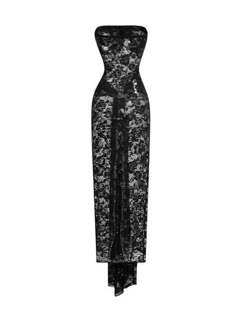 Lace Hollow Out Ruched Maxi Dress - Mabel Love Co Beach Outfits Dress, Two Piece Dinner Outfits, Formal Dinner Date Outfit, Black Lace Dresses, Romantic Chic Style, Lace Black Dress, Lace Outfit Aesthetic, Lace Outfits, Black Fitted Lace Mesh Dress