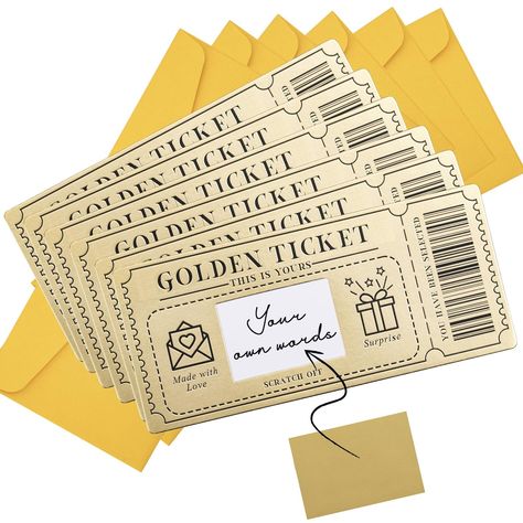 6 Pieces Golden Ticket Scratch-off Cards with Envelopes, Scratch & Reveal Surprise Ticket for Writing Your Own Special for Birthday, Girlfriends, Wives, Valentine's Day Card, Christmas Gift Card Gift Card Packaging, Intaglio Printing, Gold Ticket, Happy Chocolate Day, Gifts For Girlfriends, Dinner Gifts, Theatre Gifts, Scratch Off Cards, Gold Envelopes