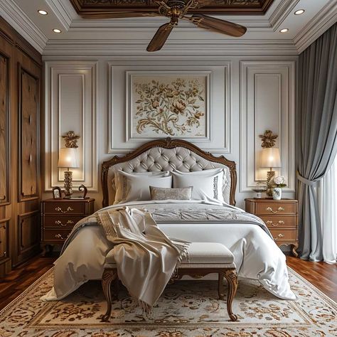 5+ Top Wall Panel Designs to Elevate Your Bedroom Decor Game • 333+ Images • [ArtFacade] Master Bedrooms Decor Vintage, Classical Bed Design, Classic Vintage Bedroom, Neo Classical Interiors Bedroom, Classic Interior Design Bedroom, American Classic Bedroom, Victorian Bedroom Design, Vintage Bedroom Ideas Victorian, Bedroom Classic Design