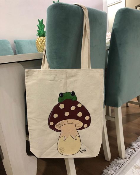 Tot Bag Design Ideas, Tot Bag Aesthetic, Tot Bag Design, Mushroom Frog, Handpainted Tote Bags, Cactus Drawing, Tods Bag, Painting Activities, Canvas Painting Diy