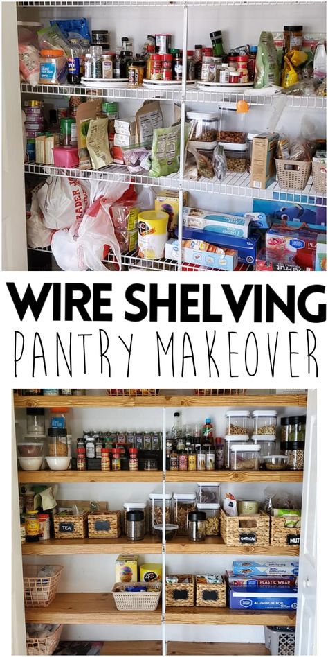 How to Cover Wire Shelving on a Budget- Pantry makeover before and after photo. Dollar Tree DIY project that looks like wood. Farmhouse makeover. Pantry Update Wire Shelves, Wood Shelf Pantry Ideas, Pantry Design Wire Shelves, Updating Pantry Shelves, Covering Wire Racks In Pantry, Pantry Wire Shelf Organization, Pantry Rack Organization, Before And After Pantry Makeover, Kitchen Pantry Wire Shelving Ideas