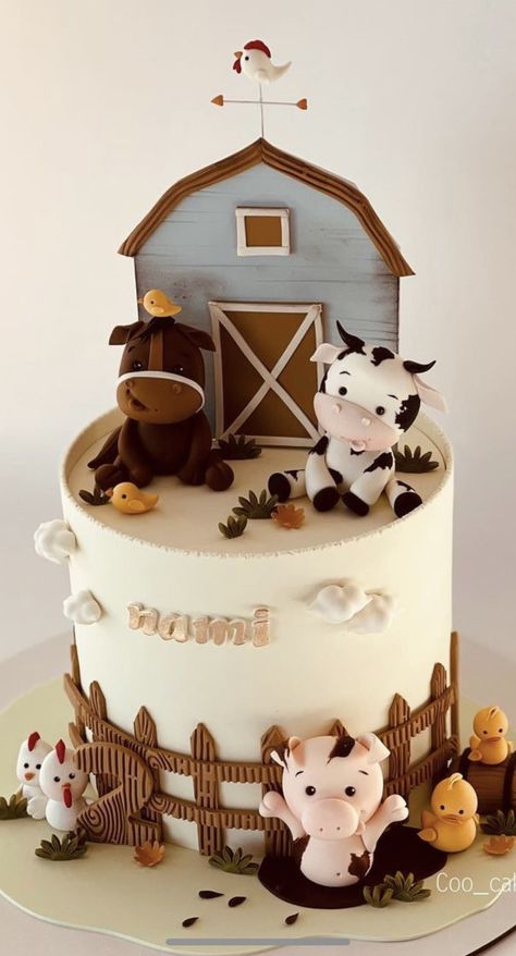 Farm Cake 1st Birthday, 1st Birthday Farm Cake, Farm Animal Party Ideas, Horse Birthday Cake Boy, Farm Boy Birthday Party, Farm Cake Buttercream, Barn Cakes For Kids, Neutral Farm Birthday Party, Birthday Cake Farm Theme