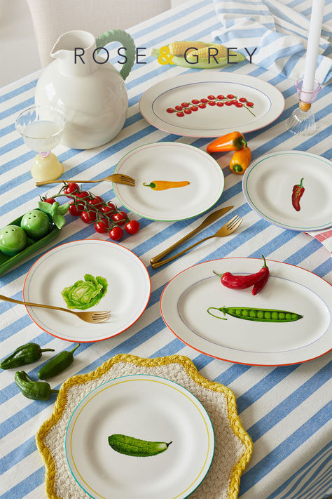 Colourful plates with unique vegetable designs. Vintage style serving plates. Decorate your tablescape with vibrant colour designed plates. Coordinated plate sets for your home. Colourful Plates, Craft Pottery, Scandi Furniture, Interactive Web Design, Vegetable Design, Spring House, Unique Vegetables, Pottery Inspo, Unique Plates