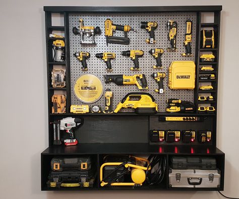 DIY Power Tool Storage W/ Charging Station: Let's build this awesome power tool wall storage system. I had to organize my power tools in my shop, and decided to design and build this wall storage unit. This woodworking project is pretty simple to make, all made from plywood and 1 piece of ... Tool Wall Storage, Power Tool Organizer, Wall Storage Systems, Garage Workshop Organization, Power Tool Storage, Tool Storage Cabinets, Wall Storage Unit, Garden Pallet, Garage Tool Storage