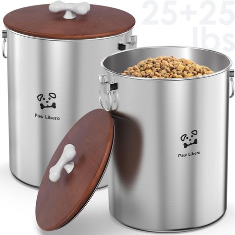 Amazon.com: 2PK 24-25 Lbs total 50 lbs Stainless Steel Airtight Dog Food Containers with Wooden Lid to Keep Fresh, Metal Dog Food Storage Container with Ceramic Handle, Easy Clean Dog Food Bin, Cat Food Container : Pet Supplies Large Dog Food Storage, Dog Food Bin, Pet Food Containers, Pet Food Storage Container, Dog Food Storage Containers, Pet Food Container, Dog Food Container, Pet Food Storage, Cat Food Storage