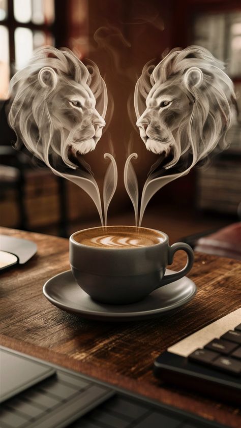 Steaming Coffee Cup, Late Art Coffee Video, Coffee Animated Images, Coffee Cup With Steam Drawing, 3d Coffee Cup, Lion Coffee, Steam Art, Roaring Lion, Riding A Bike