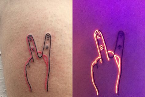 Black Light Ink Tattoo, Glow In Dark Tattoo Ideas, Uv Light Drawing, Glow In The Dark Tattoo Ink, Neon Ink Tattoo, Black Light Tattoos For Women, Glow Worm Tattoo, Uv Tattoo Ideas Glow, Uv Lightning Tattoo