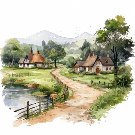 10 Village Landscape Cliparts Watercolor Village Painting, Old Village Drawing, Landscape Village Paintings, Villages Drawing, Watercolor Art Landscape Village, Landscape Paintings Village, Village Drawing Landscapes, Village Life Aesthetic, Drawn Scenery