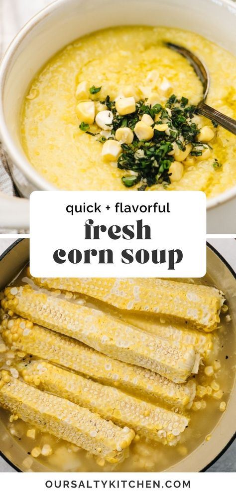 We love summer corn pureed into a sweet corn soup recipe. Add the cobs to your broth for deeper seasoning (and no waste!). This light and fresh corn soup relies on just a handful of ingredients to highlight the flavor of the corn. A simple herb gremolata takes it over the top! #cornsoup #cornrecipes #easyrecipes #souprecipes Corn Bisque Soup Recipes, Easy Corn Soup, Fresh Corn Soup, Summer Corn Soup Recipes, Sweet Corn Chowder Recipe, Soups With Corn, Healthy Corn Soup, Native American Corn Soup, Corn On The Cob Soup