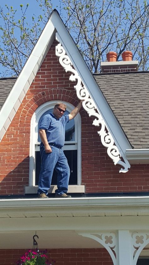 The old gingerbread. We're using it as a pattern for the new trim being made. Victorian Homes Exterior, Gingerbread Trim, Victorian Porch, Roof Trim, House Trim, Cottage Exterior, Street House, Victorian Architecture, Exterior Trim