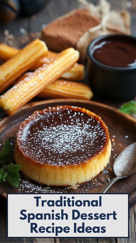 Traditional Spanish desserts like flan and churros with chocolate dip on a rustic wooden table. Spanish Desserts Easy, Spanish Recipes Authentic, Spain Dessert, Spanish Sweets, Desserts From Spain, Spanish Food Spain, Creamy Flan, Sangria Party, Ice Cream Sundae Recipe