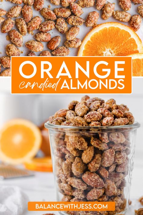 Once you try these easy Orange Candied Almonds, you won't be able to put them down! Perfectly sweet and crunchy with a surprising but delicious citrus twist. They're versatile enough to enjoy as a snack, dessert, or as a topping for salad. Plus, candied nuts are the perfect holiday gift! Dairy free, gluten free, 6 ingredients. Orange Candied Almonds, Candied Walnuts Christmas Gift, Candied Spiced Nuts Recipe, Savory Mixed Nuts Recipes, Candied Sliced Almonds, Flavored Nuts Recipes Holidays, Almond Clusters Recipe, Pistachio Nuts Recipes, Candy Nuts Recipe Easy