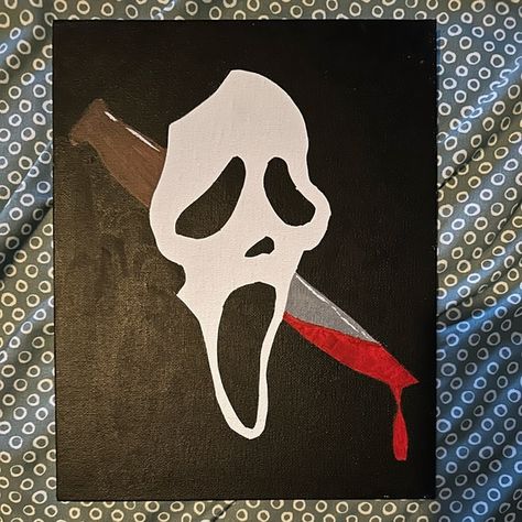 Ghostface Painting Ghost Face Paintings Easy, Scream Halloween Painting, Easy Ghost Face Painting, Easy To Paint Halloween Canvas, Halloween Painting Ideas On Canvas Easy Scary, Easy Canvas Halloween Painting, Simple Spooky Painting Ideas, Scream Painting Ideas Easy, Scary Movie Paintings Easy