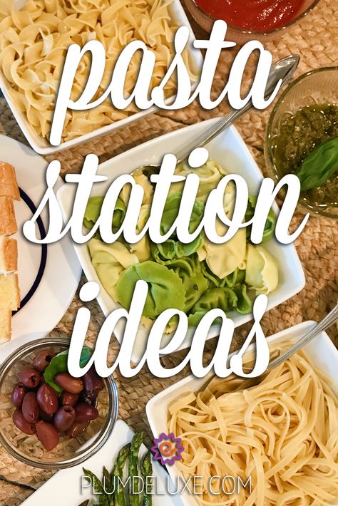 Check out these awesome mix-and-match pasta station ideas for your next pasta party. #pastapartyideas #pastapartybuffet #pastaforrunners How To Host A Pasta Bar Party, Pasta Bar For Party, Pasta Bars For Parties, Pasta Party Ideas Team, Pasta Buffet Ideas Food Bars, Pasta Bar Ideas Buffet Dinner Parties, Italian Pasta Party Ideas, Banquet Meals Ideas Food, Spaghetti Buffet Pasta Bar