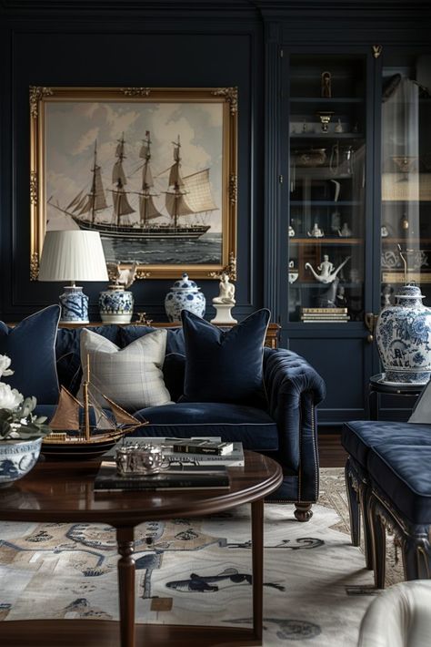 Navy Blue And White Living Room Ideas, Living Room Navy Accents, Stairwell Inspiration, Art Deco Living Room Ideas, Art Deco Living, Navy Living Rooms, Deco Living, Deco Living Room, Art Deco Living Room