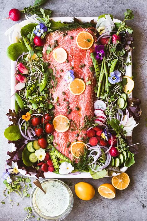 Spring Salmon Salad Platter for Easter, Passover, Mother's Day, or your best friend's shower ~ a heart healthy side of wild salmon over pretty spring greens! #easy #recipe #salmon #side #wildsalmon #fish #easter #passover #mothersday #spring #edibleflowers #pansies #salad #dinner #meatless #healty #omega3 #hearthealthy #maincoursesalad #brunch Salmon Platter, Pickled Radishes, Full Fat Yogurt, Red Onion Relish, Small Food Processor, Wild Salmon, Salmon Salad, Healthy Sides, Easter Dinner