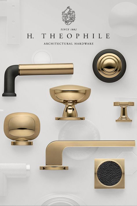 Dramatic Contrasts for Modern Living. Black and Gold Hardware by H. Theophile. Brass and gold metals enrich and contrast dramatically with black patinated iron, as well as with leather and Corian inserts. The graphic quality of these modern door knobs, levers, and cabinet pull are suitable for entry doors, kitchen cabinet hardware, or interior doors. Visit H. Theophile's online catalog to view more. Black And Gold Door Hardware, Two Tone Cabinet Hardware, Decorative Cabinet Hardware, Luxury Hardware, Black And Brass Hardware, Black Doors With Gold Hardware, Black And Gold Hardware, Modern Door Hardware Brass, Black And Gold Cabinet Hardware