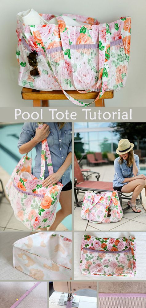 Pool Tote Bag Tutorial Free Beach Bag Sewing Pattern, Beach Tote Pattern, Beach Bag Tutorials, Diy Totes, Pretty Pool, Sewn Gifts, Diy Beach Bag, Beach Bag Pattern, Tote Tutorial