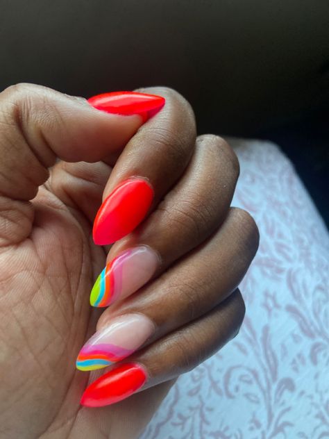 Cute Oval Nails Design Summer, Bright Summer Short Nails, Tabitha Brown Colorful Nails, Bright Oval Nails, Bright Summer Dip Nails, Bright Summer Nails Almond, Different Colour Nails, Almond Shaped Summer Nails, Island Nails Designs