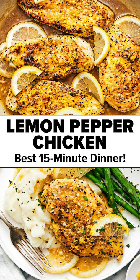 15-Minute Lemon Pepper Chicken Recipe. Essen, Lemon Pepper Chicken Dinner, Lemon Peper Chicken, Sauteed Chicken Recipes, Lemon Pepper Chicken Breast Recipe, Easy Lemon Pepper Chicken, Best Garlic Butter, Lemon Pepper Chicken Breast, Baked Lemon Pepper Chicken