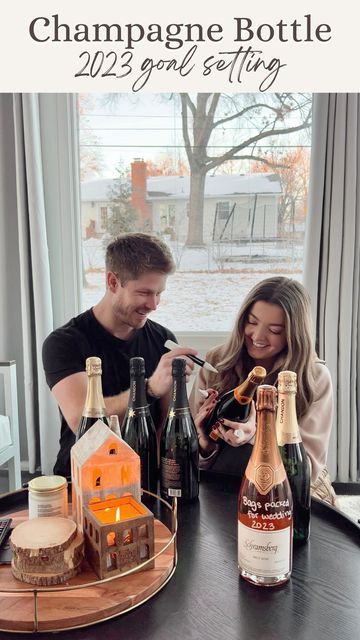 Lauren Lindmark on Instagram: "Every new year my fiancé write our big goals on champagne bottles and pop them when we reach the goal! It is such a fun way to hold each other accountable, and celebrate our wins & milestones throughout the year! This will be our third year doing this (and we usually add a few more throughout the year too)! Let me know if you do this too🍾 Cheers to it almost being 2023! #champagne #newyears #2023goals #goalsetting #goalsettingtips #champagnegoals #newyearsresoluti Champagne Bottle Goals, New Years Resolutions 2023, Spring Organization, Goals For 2023, 2023 Goals, Office Wall Decals, Clean Fridge, Goals Couple, New Years Resolutions