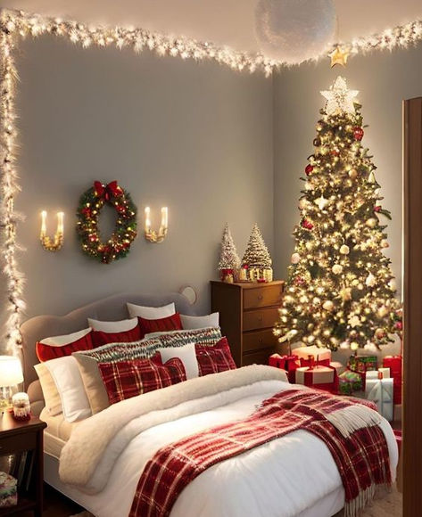 See what Christmas color palette best suits your home’s interior. Christmas Room Inspiration, Holiday Bedroom Decor, Masculine Bedroom Decor, Holiday Room Decor, Holiday Bedroom, Winter Bedroom, Christmas Color Palette, Christmas Dreaming, Cozy Christmas Decor