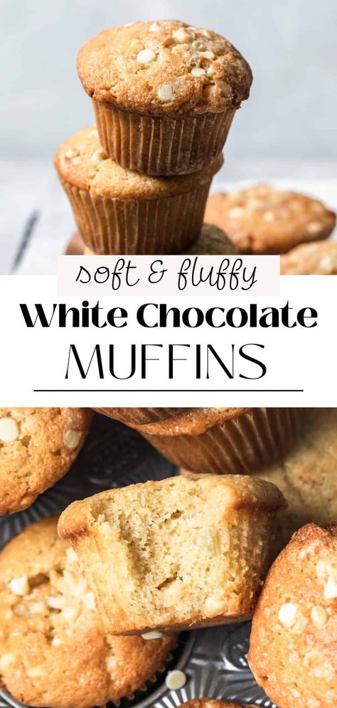 These bakery-worthy white chocolate chip muffins are soft, fluffy, and loaded with melty white chocolate chips. They're perfect served for breakfast or brunch and are the best sweet way to start the day. White Chocolate Chip Muffins Recipes, Muffins With White Chocolate Chips, Banana White Chocolate Chip Muffins, Pumpkin White Chocolate Chip Muffins, White Chocolate Muffins Recipes, White Chocolate Banana Muffins, White Chocolate Chip Recipes, Muffins White Chocolate, Craisin Muffins