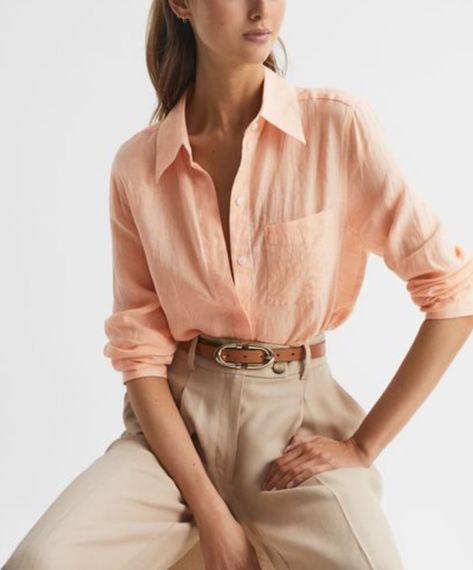 peach fuzz linen shirt Orange Shirts Women, Linen Shirt Style Women, Coral Color Outfits, Peach Color Clothes, Peach Colour Outfit, Peach Shirt Outfit For Women, Orange Linen Shirt Outfit, Peach Outfits For Women, Peach Trousers Outfits