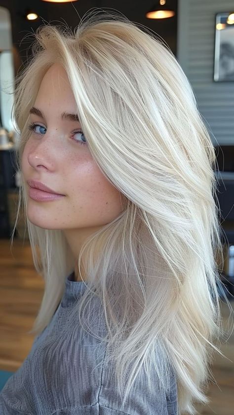 Blond To Silver Hair, Blonde Highlights With A Shadow Root, Icy Blonde Hair Bob, Pearl Blonde Vs Platinum, Light White Blonde Hair, Icy Cool Blonde Hair Color, Long Icy Blonde Hair, Blonde Hair 2024 Trends, Blonde With Color