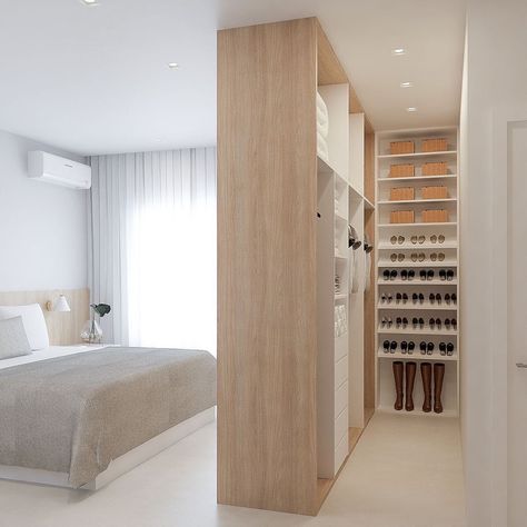 Partition Wall Bedroom Closet, Room With Closet Ideas, Walk Through Room Ideas, Closet Behind Bed Wall, Best Guest Bedroom Ideas, Walk In Closet For Small Bedroom, False Wall Wardrobe Closet Behind Bed, Walk Through Closet To Bedroom, Bedroom And Wardrobe Ideas