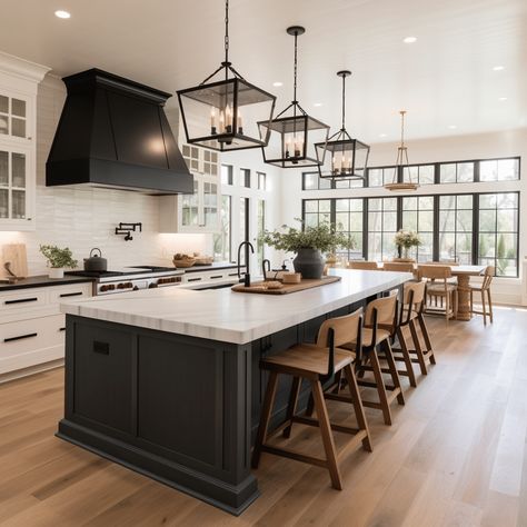 Kitchen Countertop Island, Bottom Of Island Ideas, Interior Design Kitchen With Island, Black Island White Cabinets Farmhouse, Kitchen Island Painted Black, Large Center Island Decor, Kitchen Chairs For Island, Off White Kitchen Cabinets With Black Island, Dark Wood Kitchen Island White Cabinets