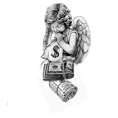 Angel With Money Bag Tattoo, Money Bag Tattoo, Cupid Tattoo, Chicano Tattoos Sleeve, Leg Henna, Half Sleeve Tattoos Drawings, Gangsta Tattoos, Money Tattoo, Muster Tattoos