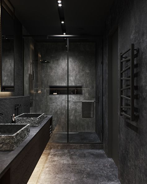 Dark Modern Bathroom, All Black Bathroom, Bathroom Interior Design Luxury, Black Tile Bathrooms, Dark Bathroom Ideas, Dark Interior Design, Dark Bathroom, Bathroom Design Black, Dark Bathrooms