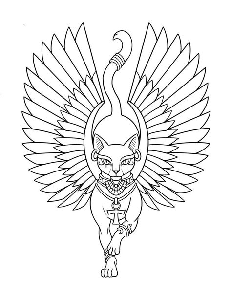 Bastet Tattoo Color, Bastet Tattoo Minimalist, Spinx Cat Tattoo, Cat Wings Tattoo, Egyptian Goddess Drawing, Egyptian Tattoo Stencil, Egyptian Cat Drawing, Egypt Cat Tattoo, Bastet Tattoo Egyptian