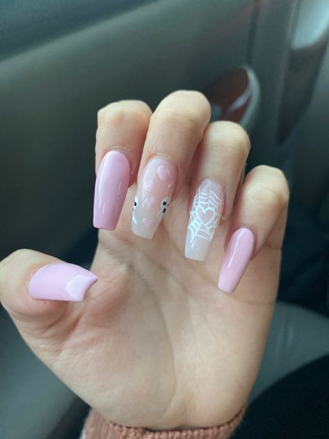 light pink ghost design nails Pink Nail Inspiration Coffin, Simple Pink Acrylic Nails Coffin, Pink Halloween Nails Coffin Shape, Spooky Coffin Shaped Nails, Pink Spooky Nails Simple, Gel Nails Ideas Light Pink, Spooky Season Nails Pink, Girly Halloween Nails Pink, Pink Halloween Nails Simple