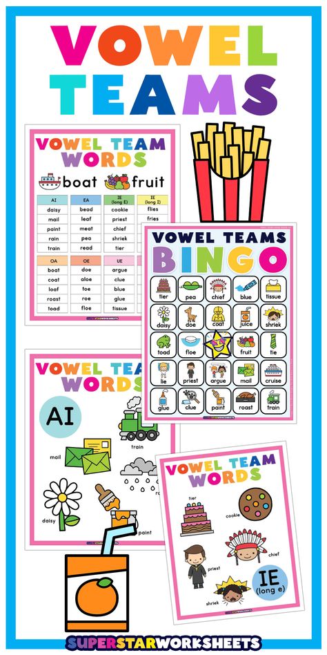 Vowel Teams Word resources for students! This comprehensive list of long vowel words contains long a vowel posters, charts, BINGO game cards, flashcards, worksheets, and more! #superstarworksheets #printables #freebie #vowel Long A Vowel, Vowel Team Words, Calendar Worksheets, Long Vowel Words, Geography Worksheets, Vowel Teams, Classroom Charts, Homeschool Board, Long Vowel