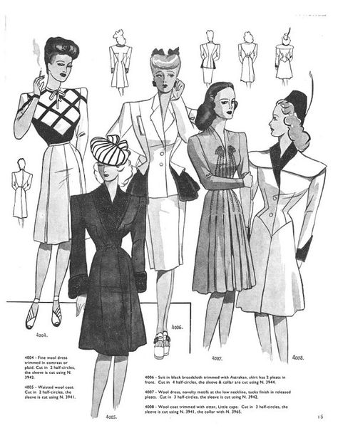 1944 Fashion, 1946 Fashion, Straight Skirt Pattern, Soutache Pattern, Paris Patterns, Blithe Spirit, Fashion 1940s, Fall Designs, Fashion Illustration Vintage