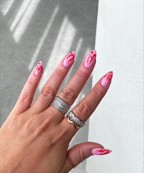 Pink And Red Flame Nails, Flames Manicure, Nail Fire Art, Flame Almond Nails, Pink Bride Nails, Red Flames Nails, Pink Flames Nails, Glastonbury Nails, Nail Flames